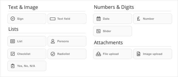Sign, Text field, Date, Number, Slider, List, Persons, Checklist, Radiolist, Yes, No, N/A, File upload, Image upload