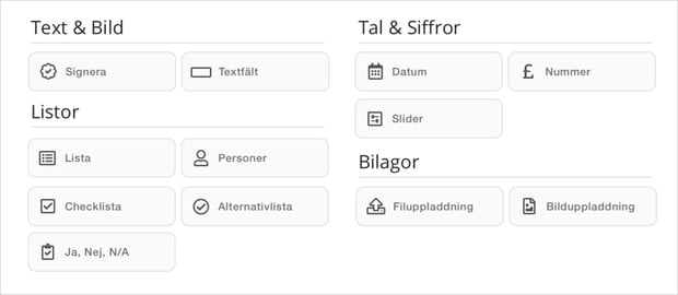Signera, Textfält, Datum, Nummer, Slider, Lista, Personer, Checklista, Alternativlista, Ja,Nej,N/A, Filuppladdning, Bilduppladdning