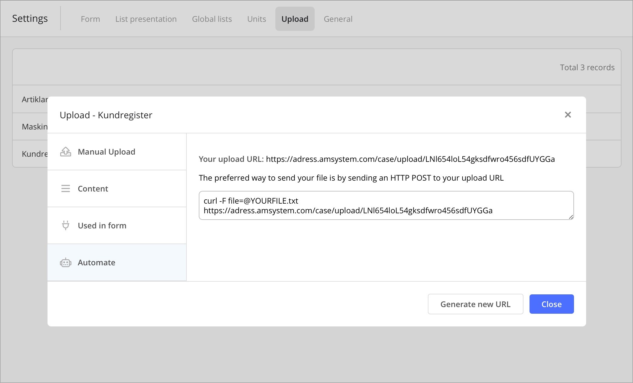 Upload Url Upload - Import external data to Cases