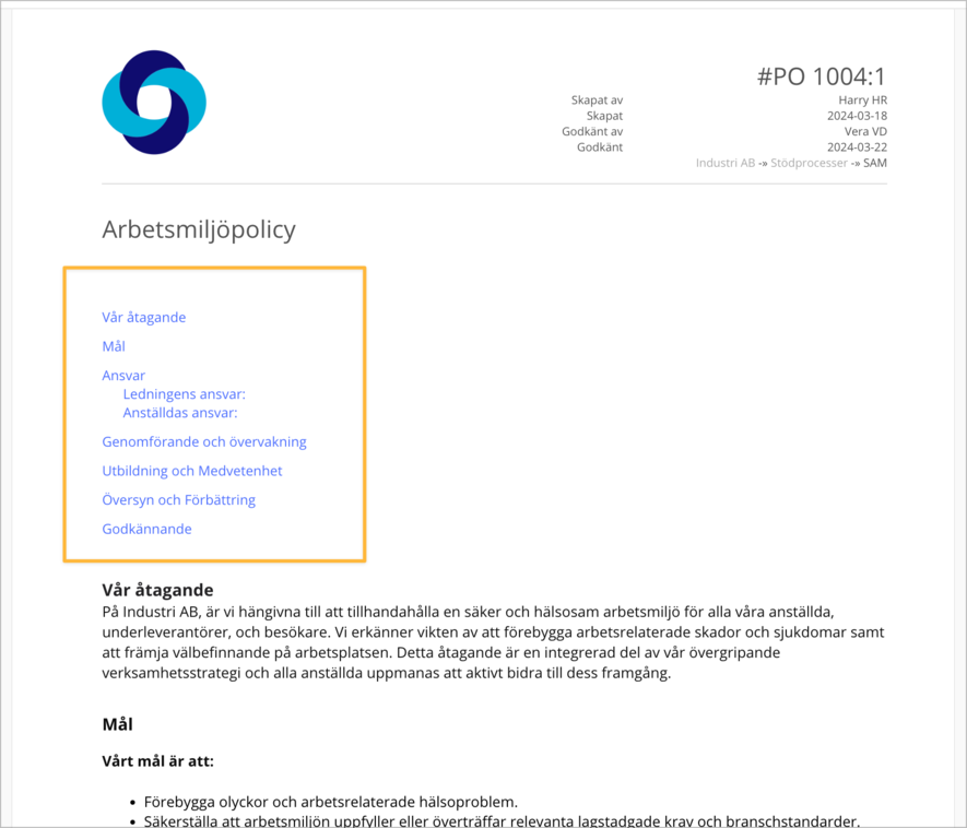 Att infoga innehållsförteckning i Textdokument